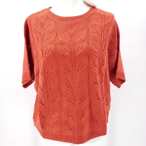 PEPALOVES Orange Red Open Knit Spring Summer Short Sleeve Sweater Blouse - Picture 1 of 3